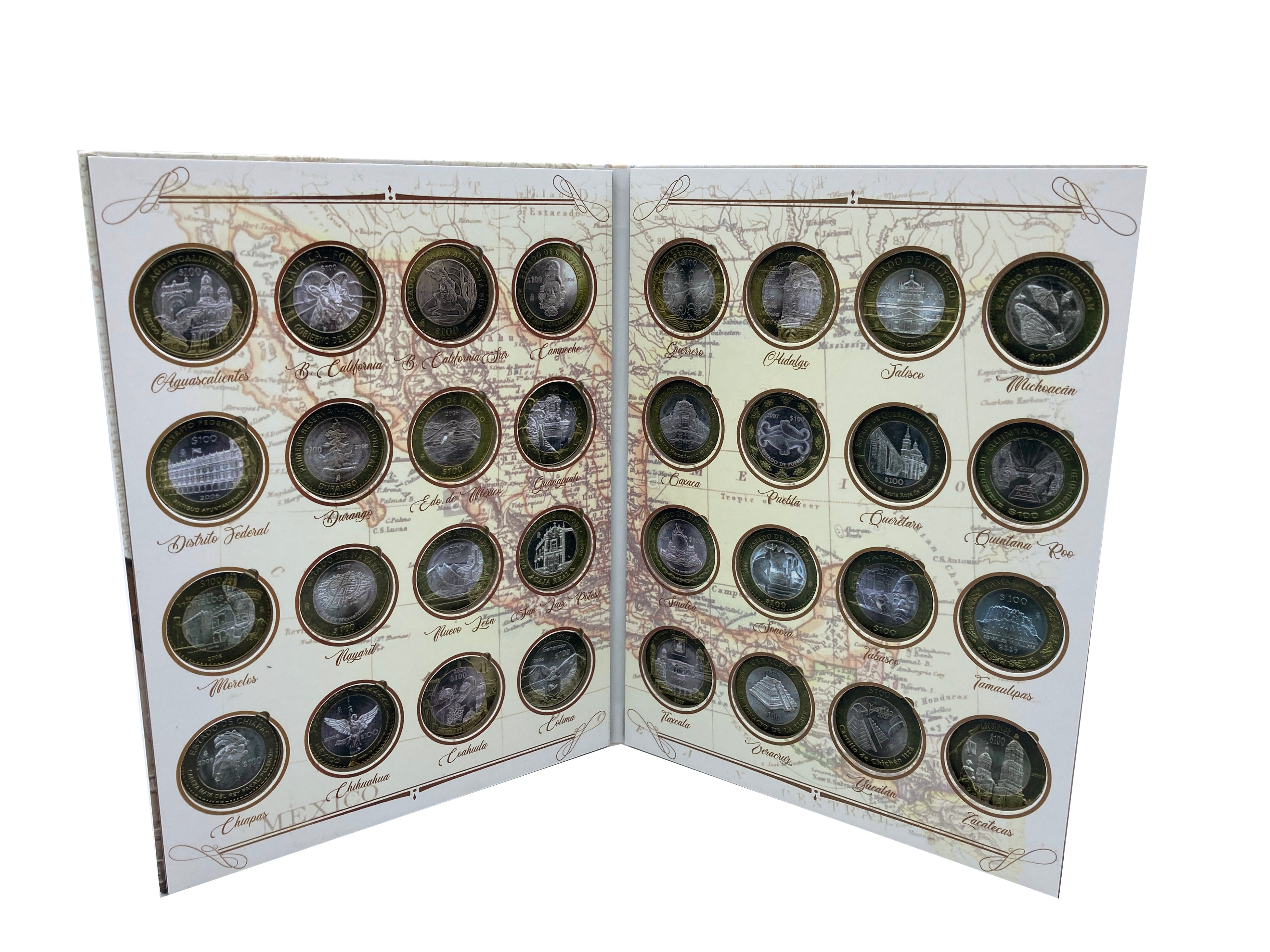 Álbum de pasta dura para la colección de monedas de $100 pesos bimetálicas con las imágenes del patrimonio cultural de los estados de la República Mexicana, Segunda Fase Emblemática (2006-2007). El álbum cuenta con 32 espacios para monedas, ideal para coleccionistas y numismáticos. Álbum de pasta dura para la colección de monedas de $100 pesos bimetálicas con las imágenes del patrimonio cultural de los estados de la República Mexicana, Segunda Fase Emblemática (2006-2007). El álbum cuenta con 32 espacios para monedas, ideal para coleccionistas y numismáticos.